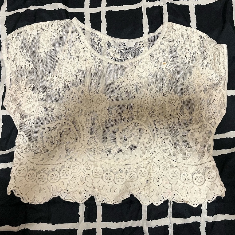 Cream colored Mesh Floral Crop Top
